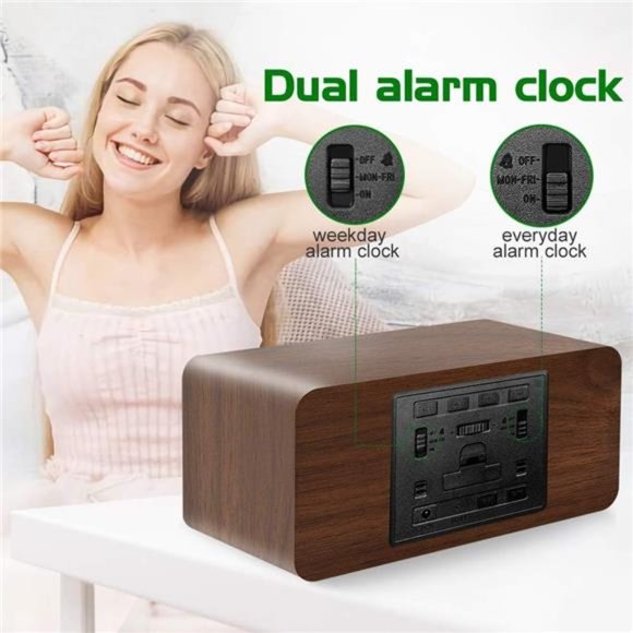 Digital Wooden Alarm Clock with Wireless Charging, 0-100% Dimmer, Dual Alarm - Picture 2 of 5